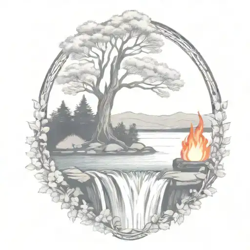 A River With A Campfire And A Rowan Tree On Either Side Of It Waterfalls Down The Front