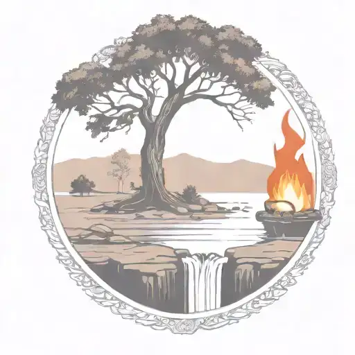 A Rowan Berry Tree And A Campfire Beside A River Waterfalling Down The Front
