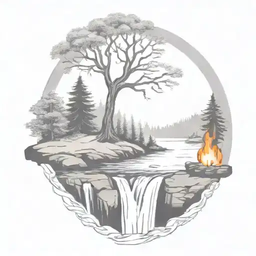 A River With A Campfire And A Rowan Tree On Either Side Of It Waterfalls Down The Front