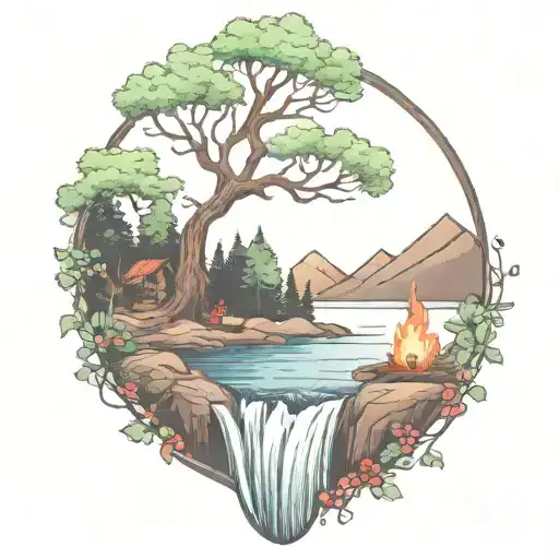 A River With A Campfire And A Berry Tree Beside It Waterfalls Down The Front