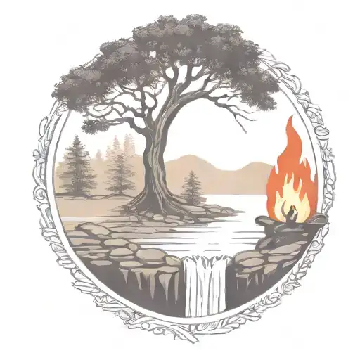 A Rowan Berry Tree And A Campfire Beside A River Waterfalling Down The Front