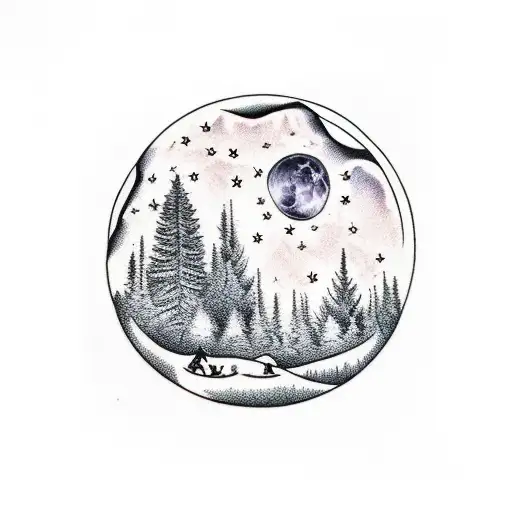 Forest With Moon And 2 Adults And 1 Child