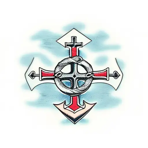 Old Germanic Cross With A Little Red Wooden Truck And An Anchor