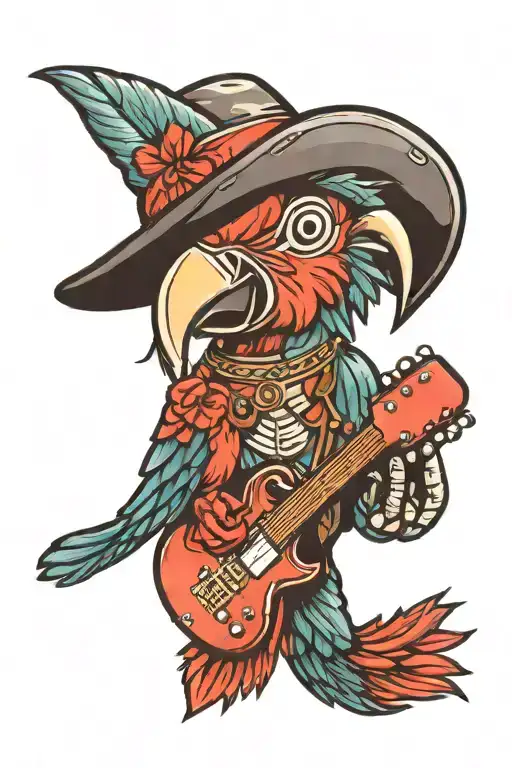 Cartoon Parrot With Gord Downie's Hat Holding Eddie Van Halen's Guitar