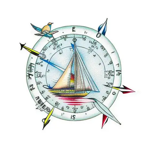 Sailboat With Compass And Birds And Water