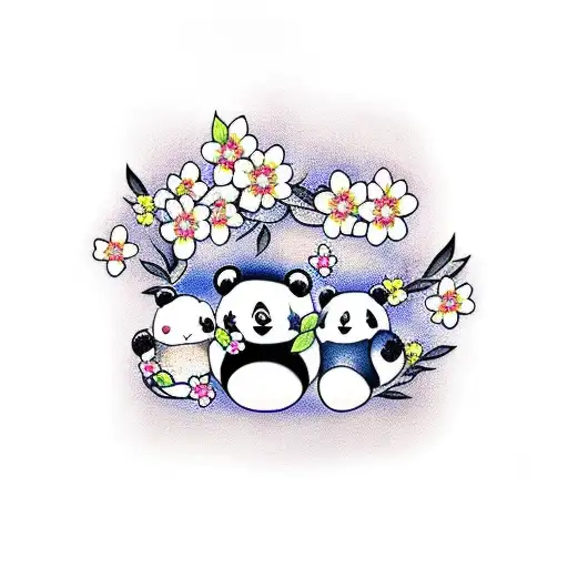 Panda Family With Cherry Blossom