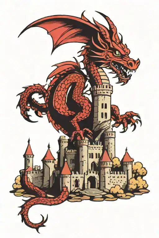 Red And Black Dragon On A Castle Surrounded