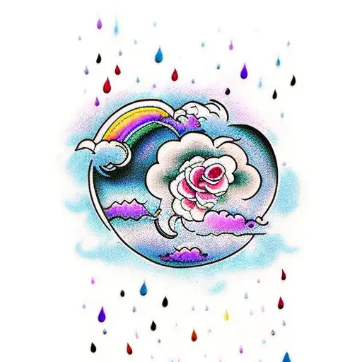 Black Cloud Outline With Rainbow Colored Raindrops Transitioning To Flowers