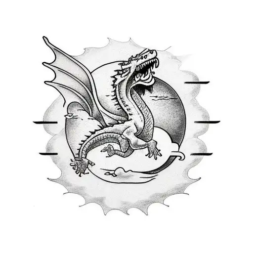 A Gigantic Japanese Dragon Flying Next To A Big Sun