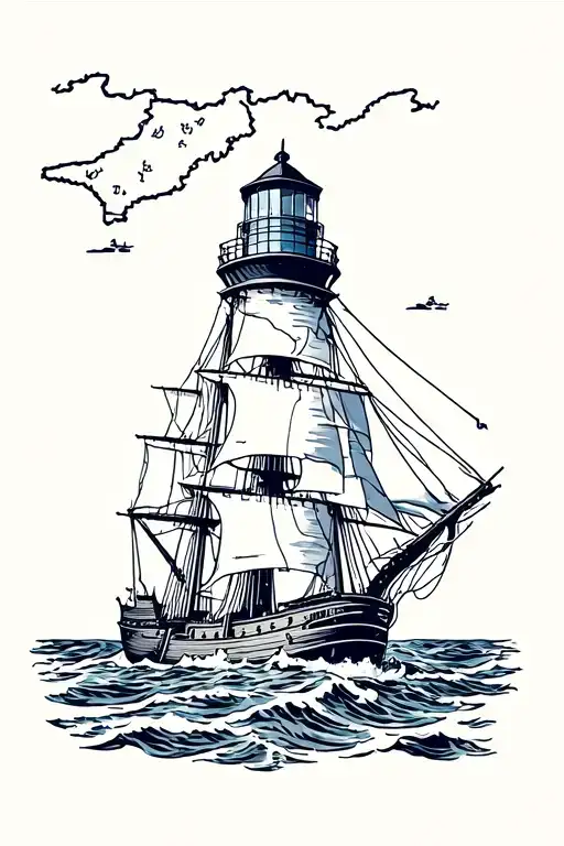 Lighthouse With North Carolina Coastal Map And Tall Sailing Ship