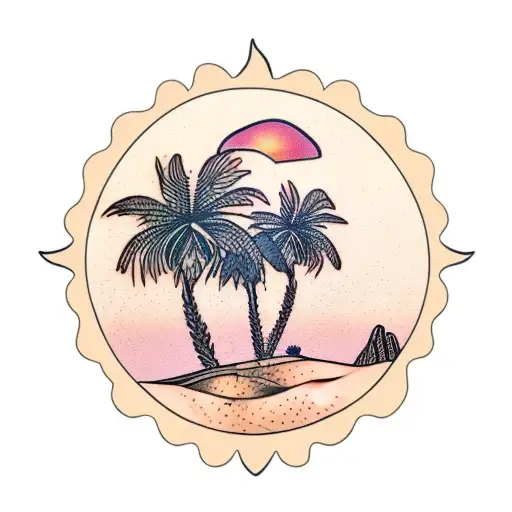 Palm Tree In Desert With A Sun