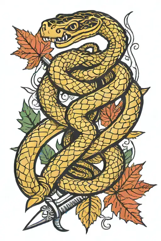 Snake Wrapped Around A Sword With Maple Leaf Intertwined