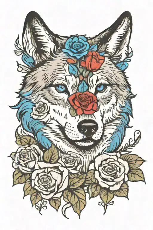 Wolf With Blue Eyes And Blue Rose Blooming