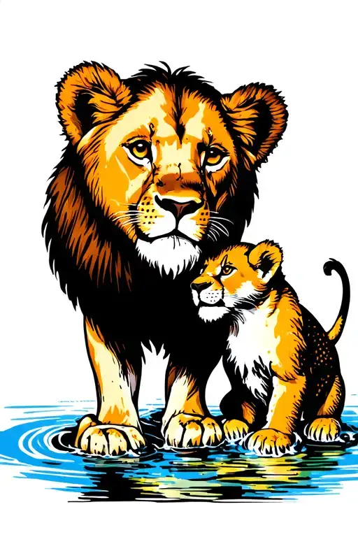 Lyon And Lioness Look Into The Water And We See A Baby Lion Cub