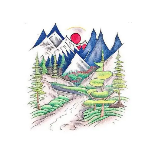 A Scene In The Mountains With A Forest With A Winding Pathway Leading Towards The Trinity