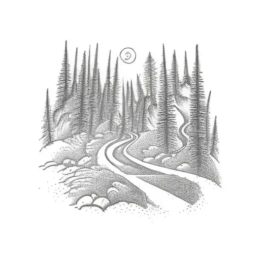 A Scene In The Mountains With A Forest With A Winding Pathway Leading Towards The Cross