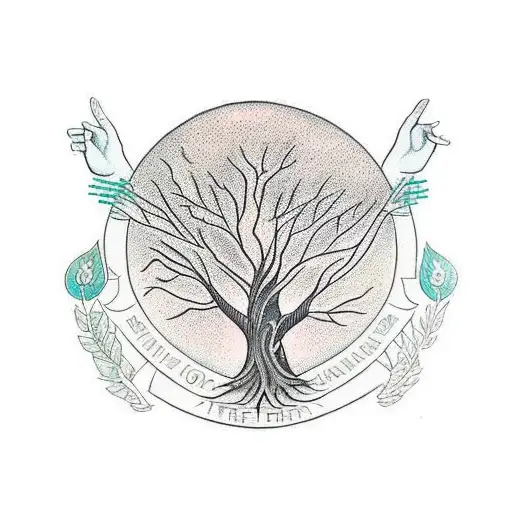 Tree Of Life With Hands Holding Everything Together With 4 Lions