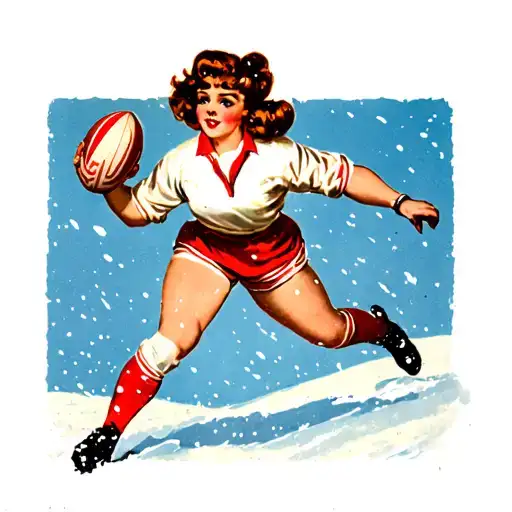A Pin Up Girl With Brown Hair Playing Rugby Wearing A White Uniform On A Winter Background