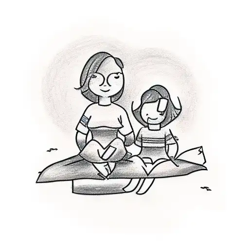 Super Simple Drawing Of A Mom And Daughter Sitting On The Edge Of A Bed Together