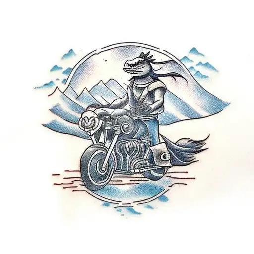 A Traditional Style Tattoo Of A Turtle Riding A Motorcycle Through A Mountainous Landscape