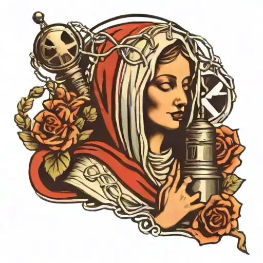 Virgin Mary With Gas Mask And Barbed Wire Around Hands