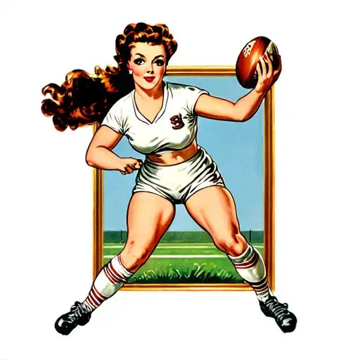 A Pin Up Girl With Brown Hair Playing Rugby Wearing A White Uniform With A Frame Background