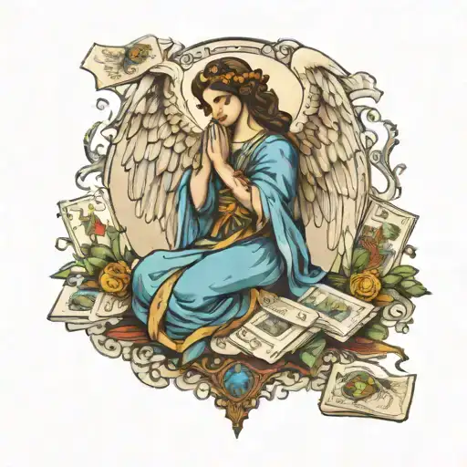 An Ethereal Angel Surrounded By Mystical Tarot Cards In A Meditation Pose