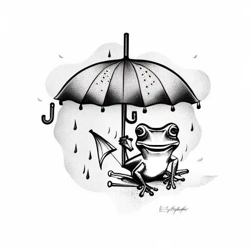 Frog With Umbrella Tattoo Linework