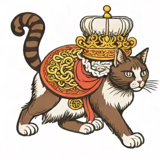 A White Cat With Wok Noodles On Its Head And A Brown Cat With A Queen Figure On Its Head