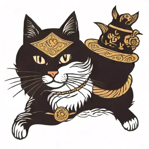 A White Cat With Noodles On Its Head And A Brown Cat With A Queen Figure On Its Head