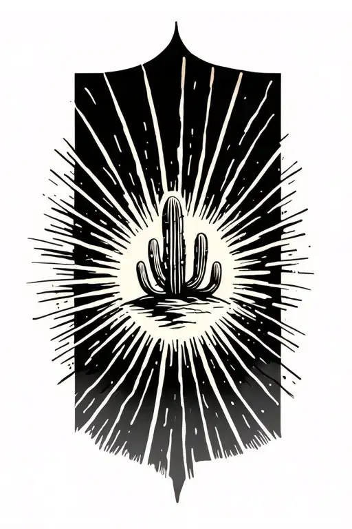 Sun Rays Rising Desert Landscape With One Cactus