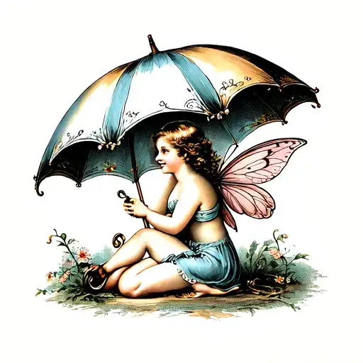 Umbrella With Little Fairy Kneeling Under It Holding It