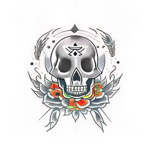 A Traditional Tattoo Of A Mexican Skull Decorated With Symbols Representing Drinking With Friends
