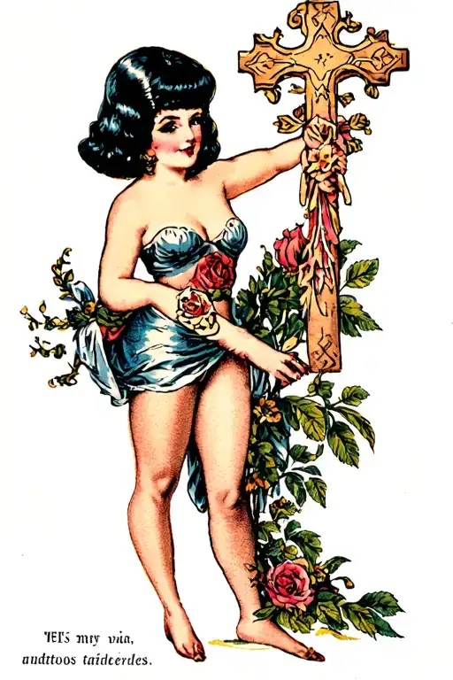 Pinup Girl With Black Bob Holding A Cross