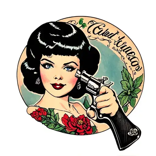 Pinup Girl With Black Bob With A Revolver In Her Hand