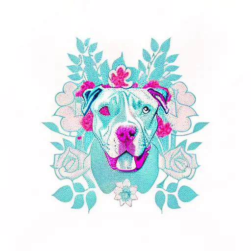 A Pitbull Silhouette Surrounded By Floral Elements