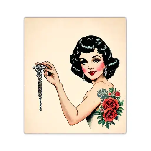 Pinup Girl With Black Bob Holding A Rosary