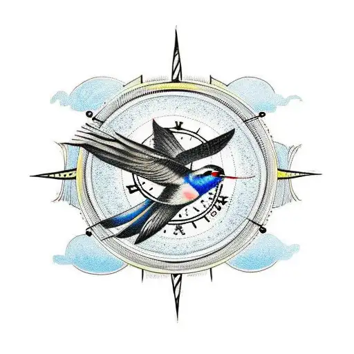 Swallow Bird With A Viking Compass Behind