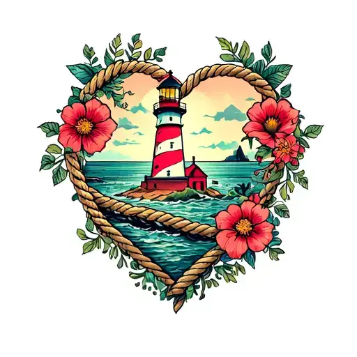 Lighthouse On Island Love Heart Rope Border Mermaid And Flowers