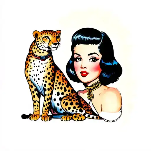 Pinup Girl With Black Bob With A Cheetah On A Leash