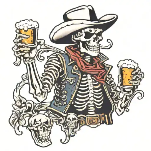 Skeleton Wearing A Cowboy Hat Drinking A Beer