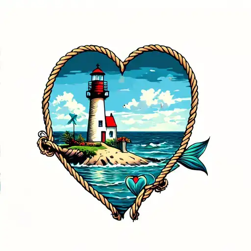 Lighthouse On Island Love Heart Rope Border Mermaid