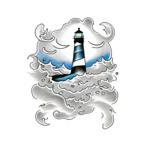 A Traditional Style Tattoo Of A Lighthouse On A Rocky Island