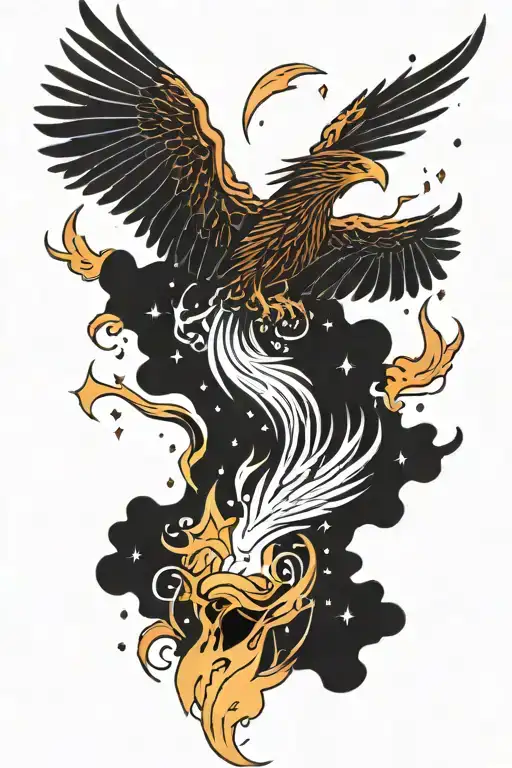 Phoenix On Fire With Ashes Falling From The Sky Filled With Stars