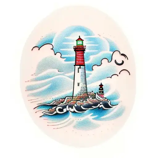 A Traditional Style Tattoo Of A Lighthouse On A Rocky Island