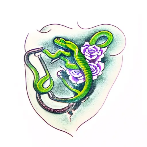 Agressive Green Snake With Roses