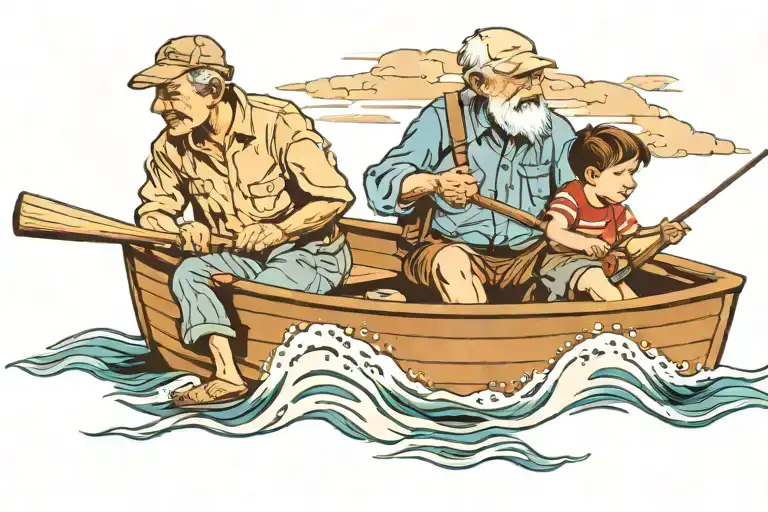 Grandpa And Grandson Fishing In A Row Boat Facing Away