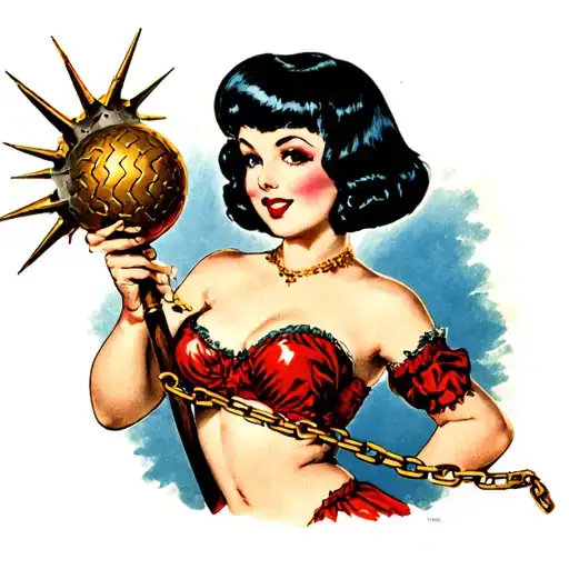 Pinup Girl With Black Bob Holding A Flail Spiked Ball On Chain