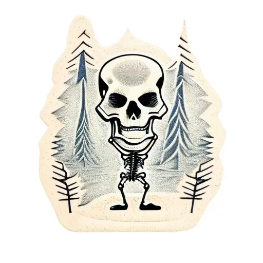 Woodcut Style Image Of A Skeleton Hiking With Backpack