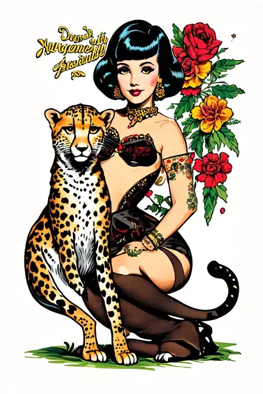 Pinup Girl With Black Bob With A Pet Cheetah